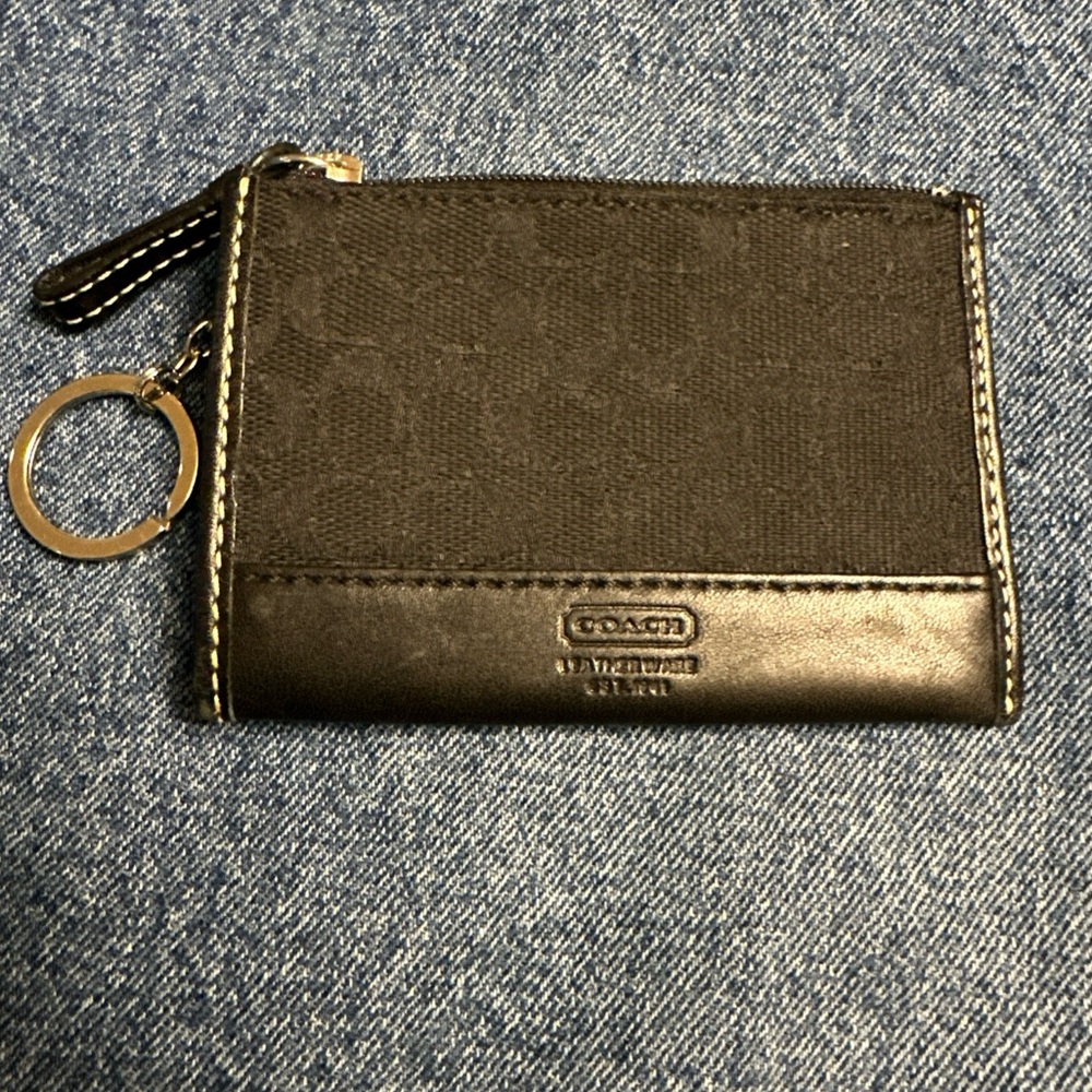 Coach Signature Black Canvas and Leather Card and Coin Holder with Keyring